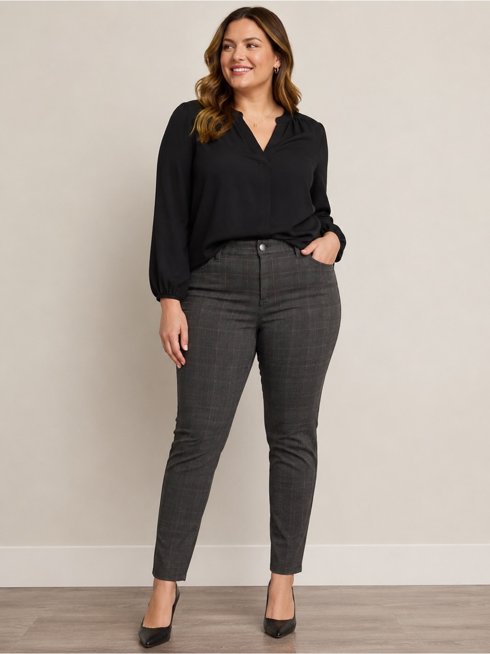 Liverpool Women’s Dark Gray Subtle Plaid Slim Pants Size 14W